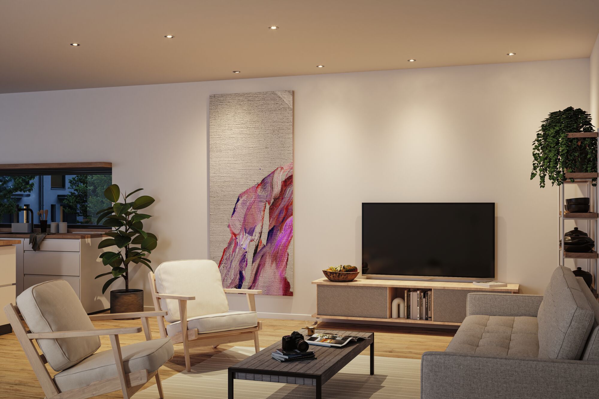 Modern living room with recessed LED ceiling lights, light wood floor, TV and comfortable seating furniture