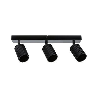 Three-light black aluminium ceiling spotlight with ribbed design for modern indoor lighting