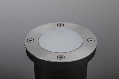 Spot encastré rond en acier inoxydable avec verre dépoli et vis pour éclairage extérieur.
