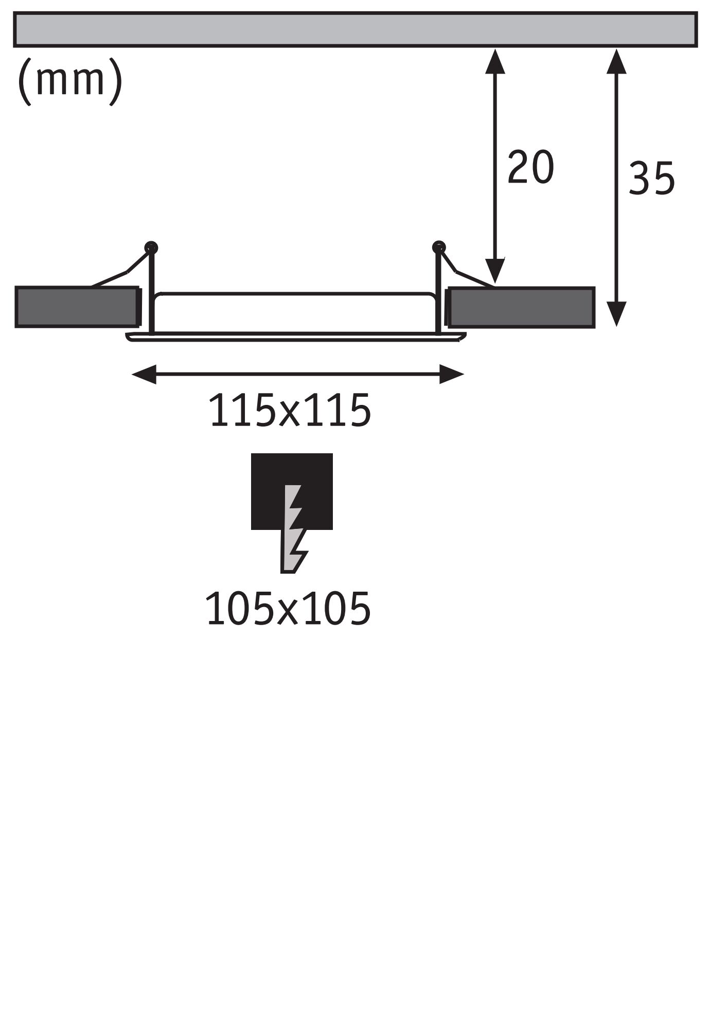 Technische Zeichnung mit Maßen 115x115 mm und Einbautiefe 35 mm für LED-Einbaustrahler