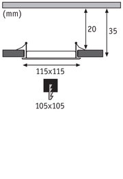 Technische Zeichnung mit Maßen 115x115 mm und Einbautiefe 35 mm für LED-Einbaustrahler