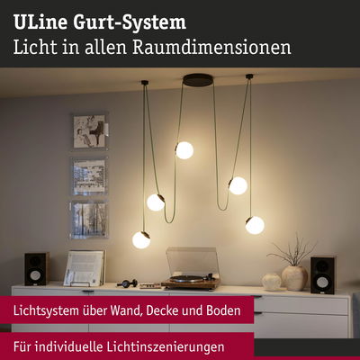 Uline Gurt-System mit fünf weißen Kugel-Leuchten an grünen Kabeln für individuelle Lichtinszenierungen