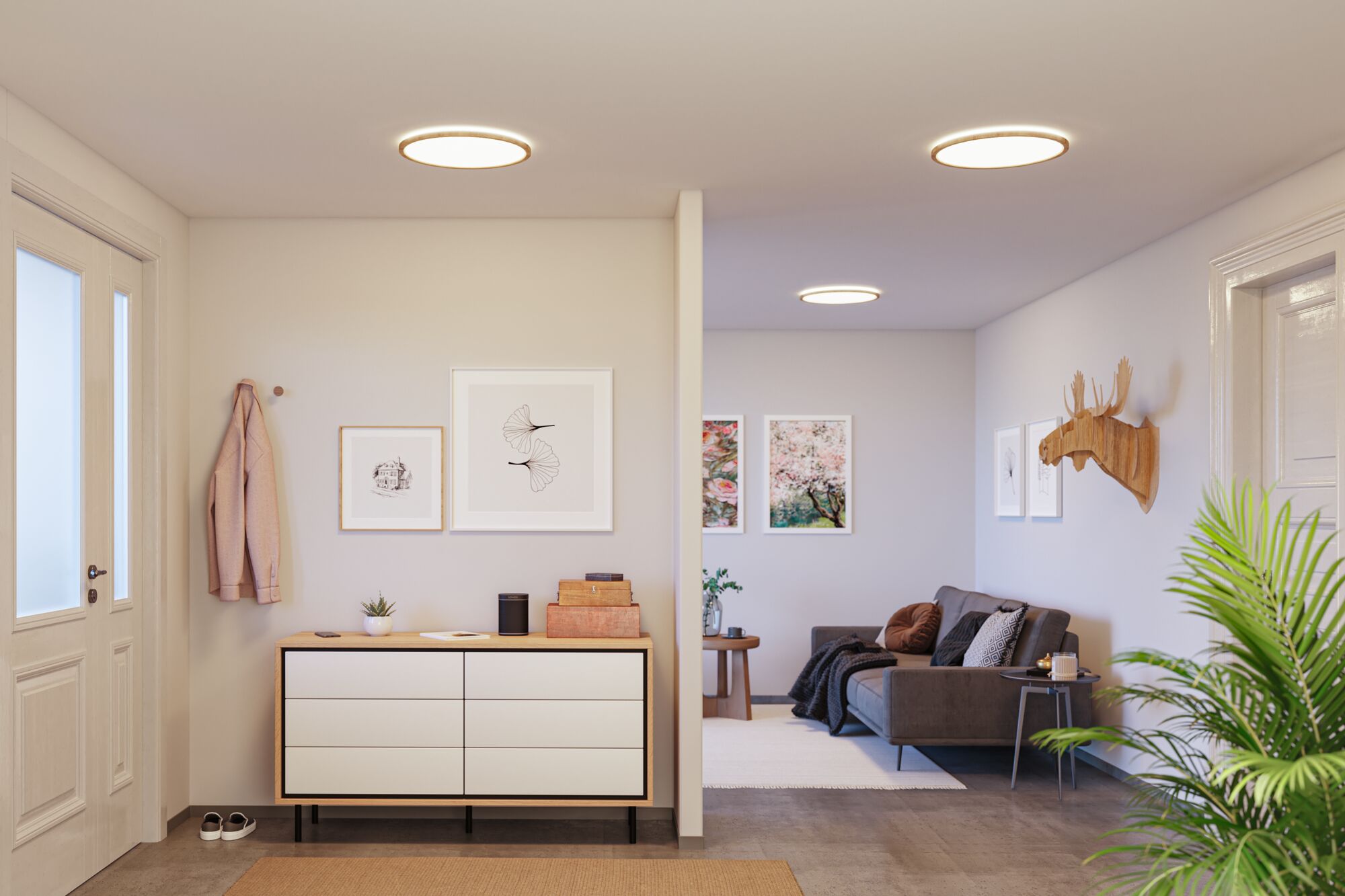 Moderne woonkamer met ronde plafondlampen die warm wit licht geven en minimalistisch interieur