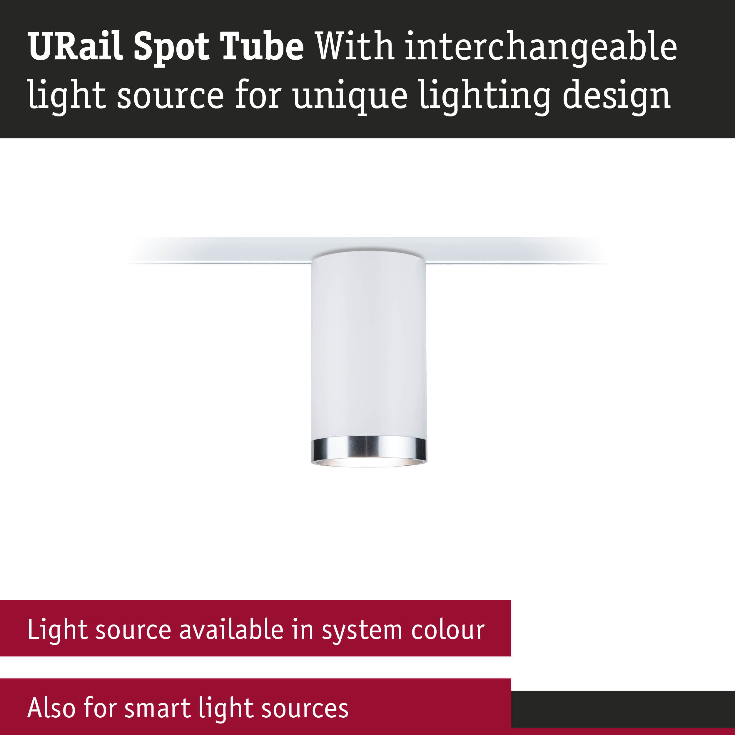 White URail Spot Tube spotlight with interchangeable light source for modern rail lighting systems