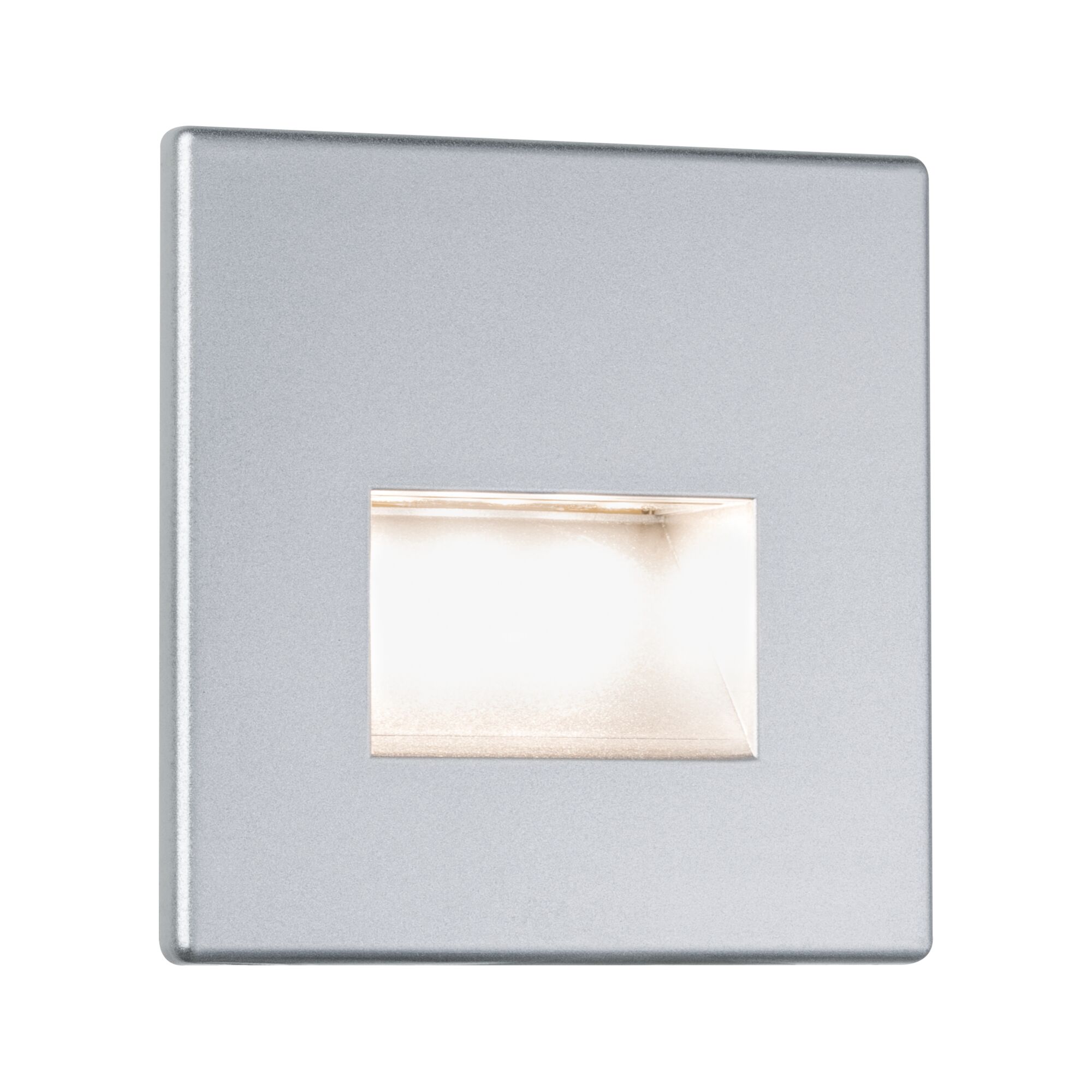 Square LED recessed wall light in silver aluminum with warm white light for indoor use