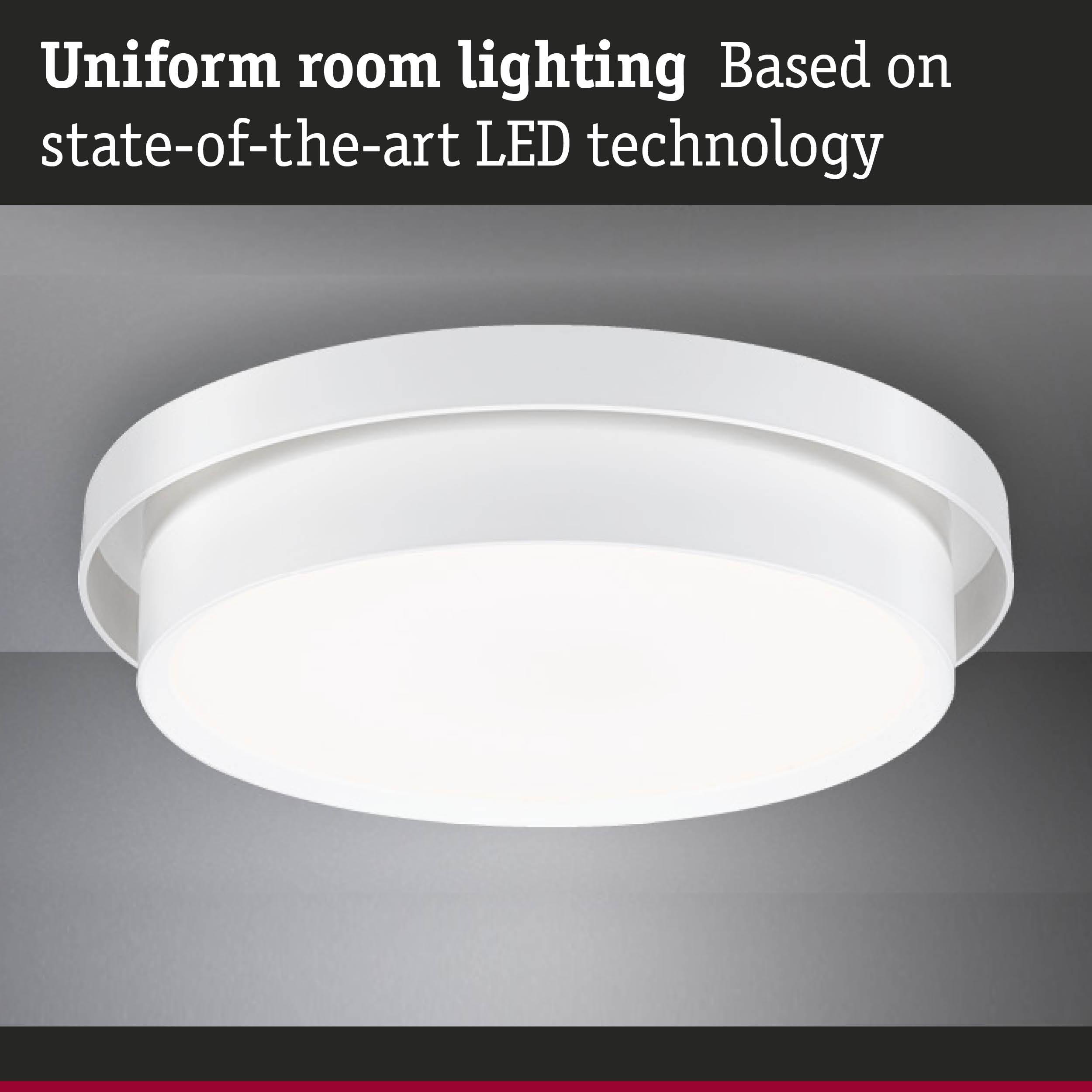 Round white LED ceiling light made of plastic for uniform room lighting with modern technology