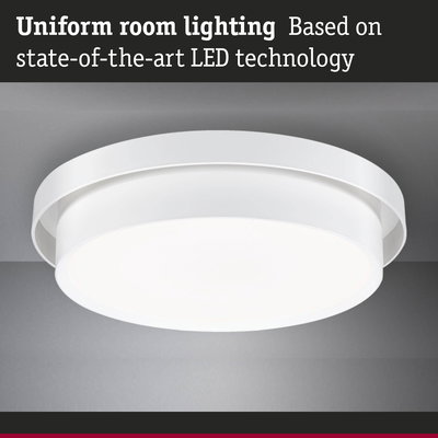 Round white LED ceiling light made of plastic for uniform room lighting with modern technology