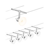 Zes moderne kabelspots met witte glazen kappen en chroom metalen voor flexibele verlichting