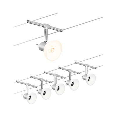 Six modern cable spotlights with white glass shades and chrome metal for flexible room lighting