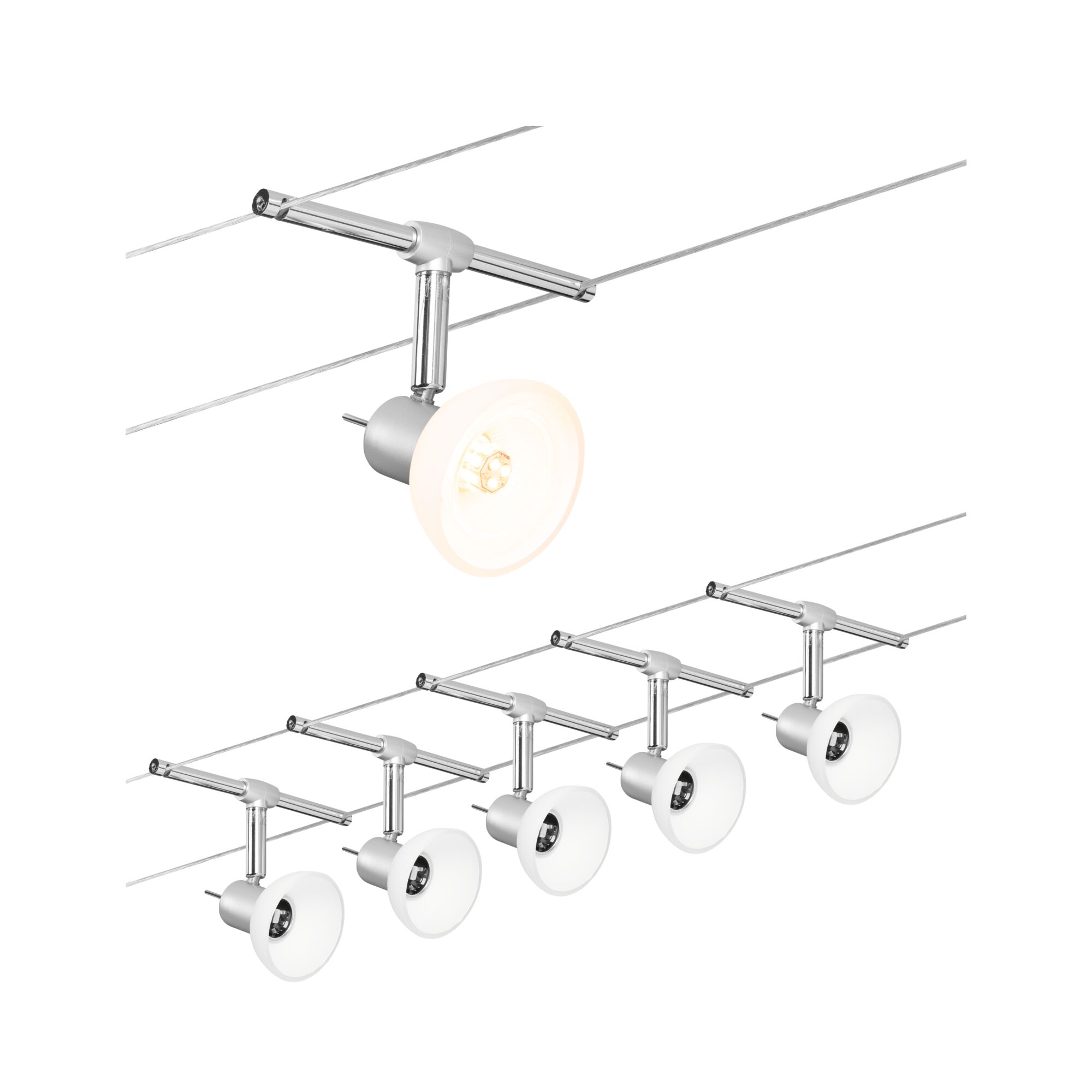 Seilsystem Sheela Basisset GU5,3 max. 5x10W dimmbar 230/12V Chrom matt/Opal Sechs moderne Seilstrahler mit weißen Glaslampenschirmen und verchromtem Metall für flexible Raumbeleuchtung