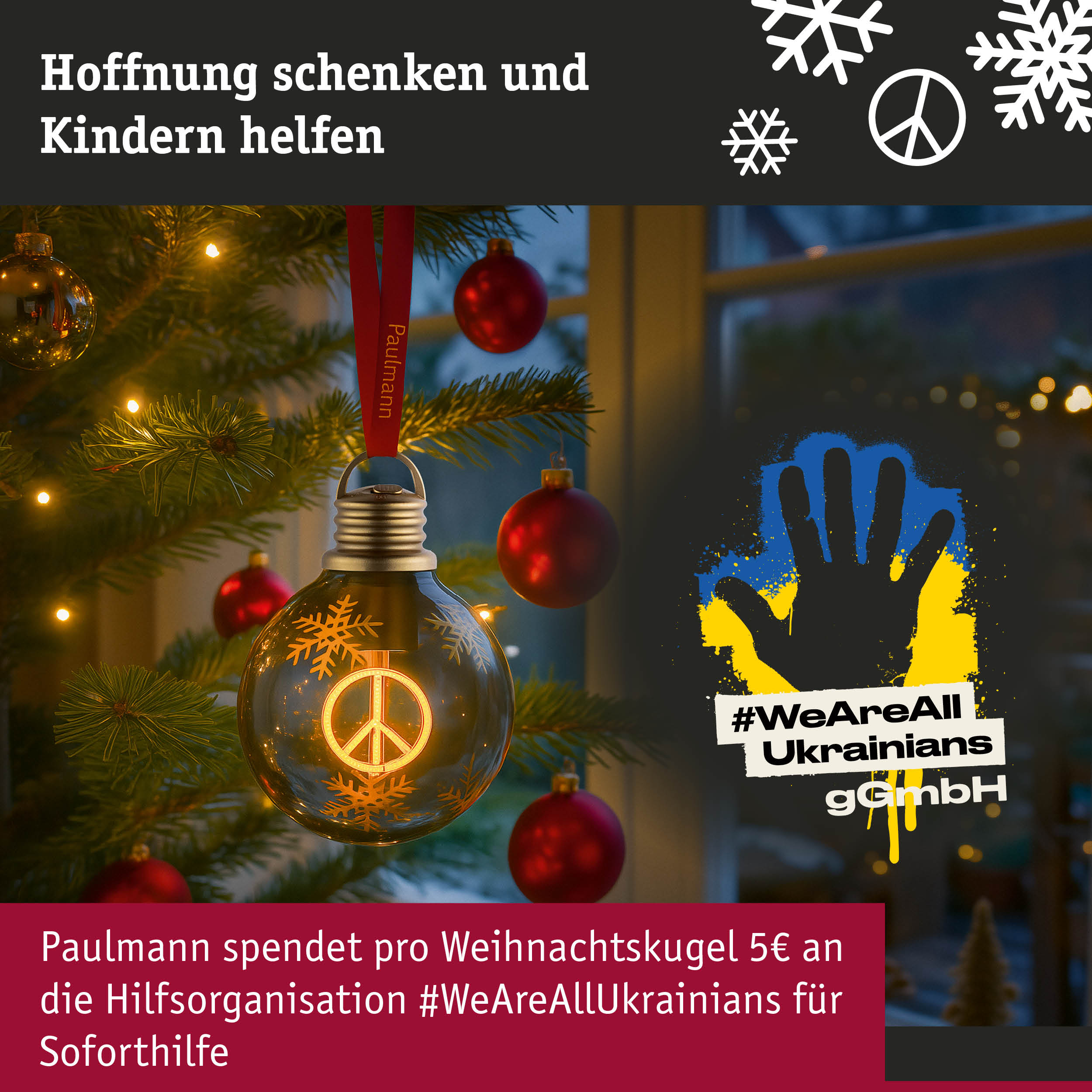 Batterieleuchte Weihnachtskugel Peace Braun, Gold 100mm 2200K