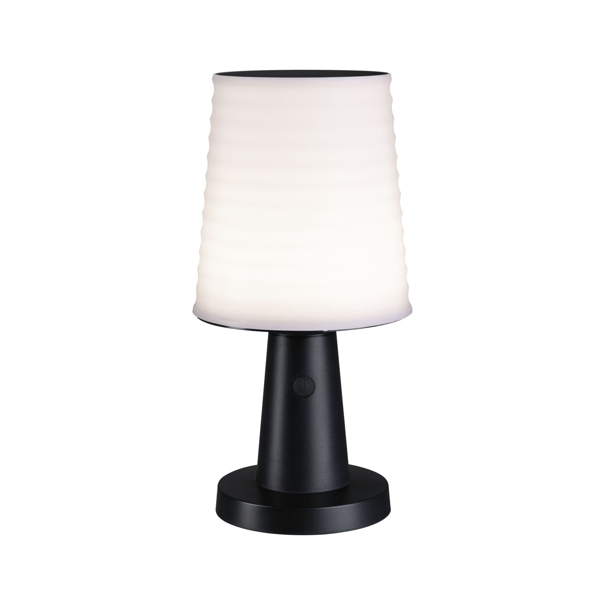 Modern table lamp with white glass shade and black metal base for ambient LED lighting