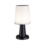 Modern table lamp with white glass shade and black metal base for ambient LED lighting