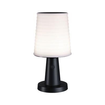 Modern table lamp with white glass shade and black metal base for ambient LED lighting