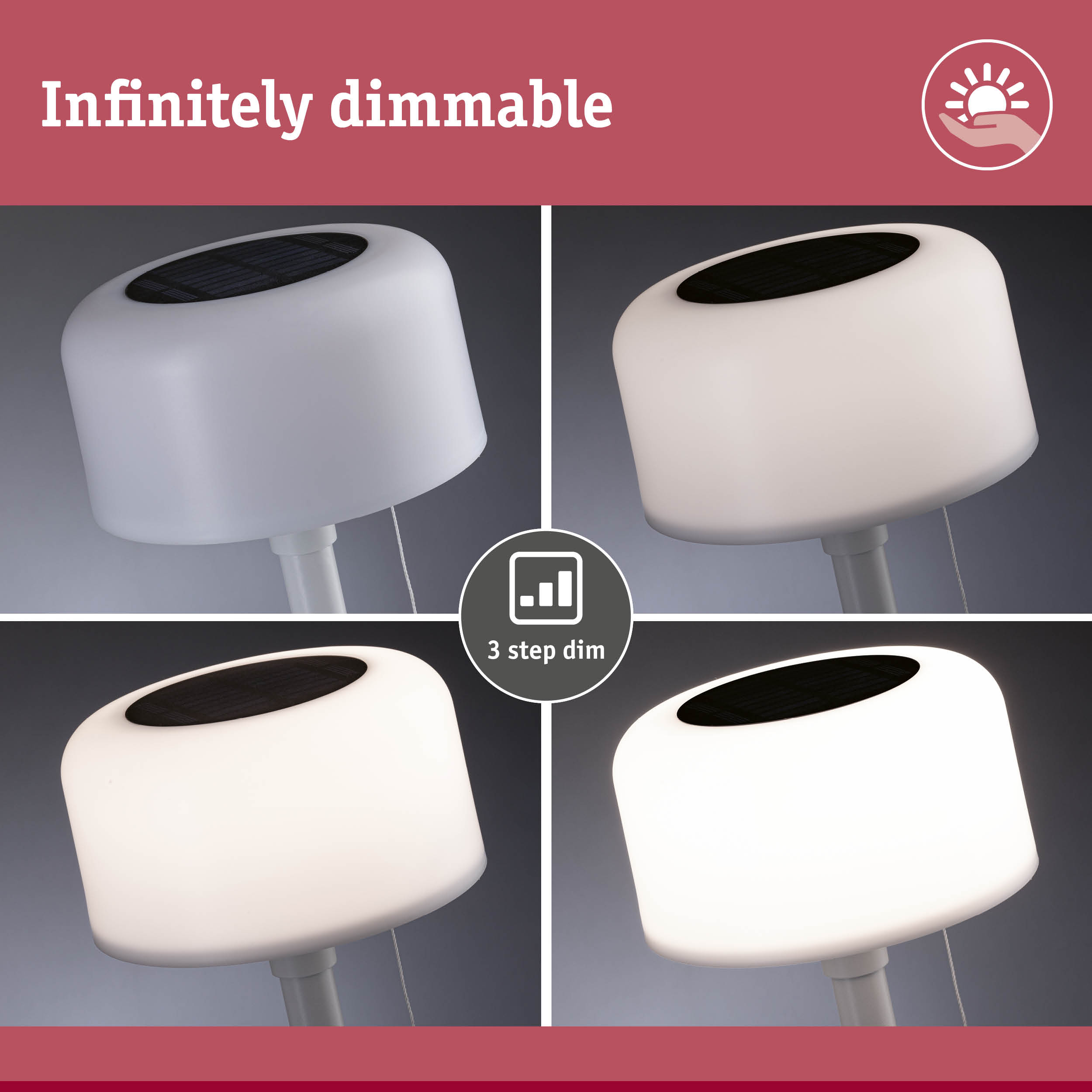 White dimmable LED table lamp with solar panel and 3-step dimming for energy-efficient lighting