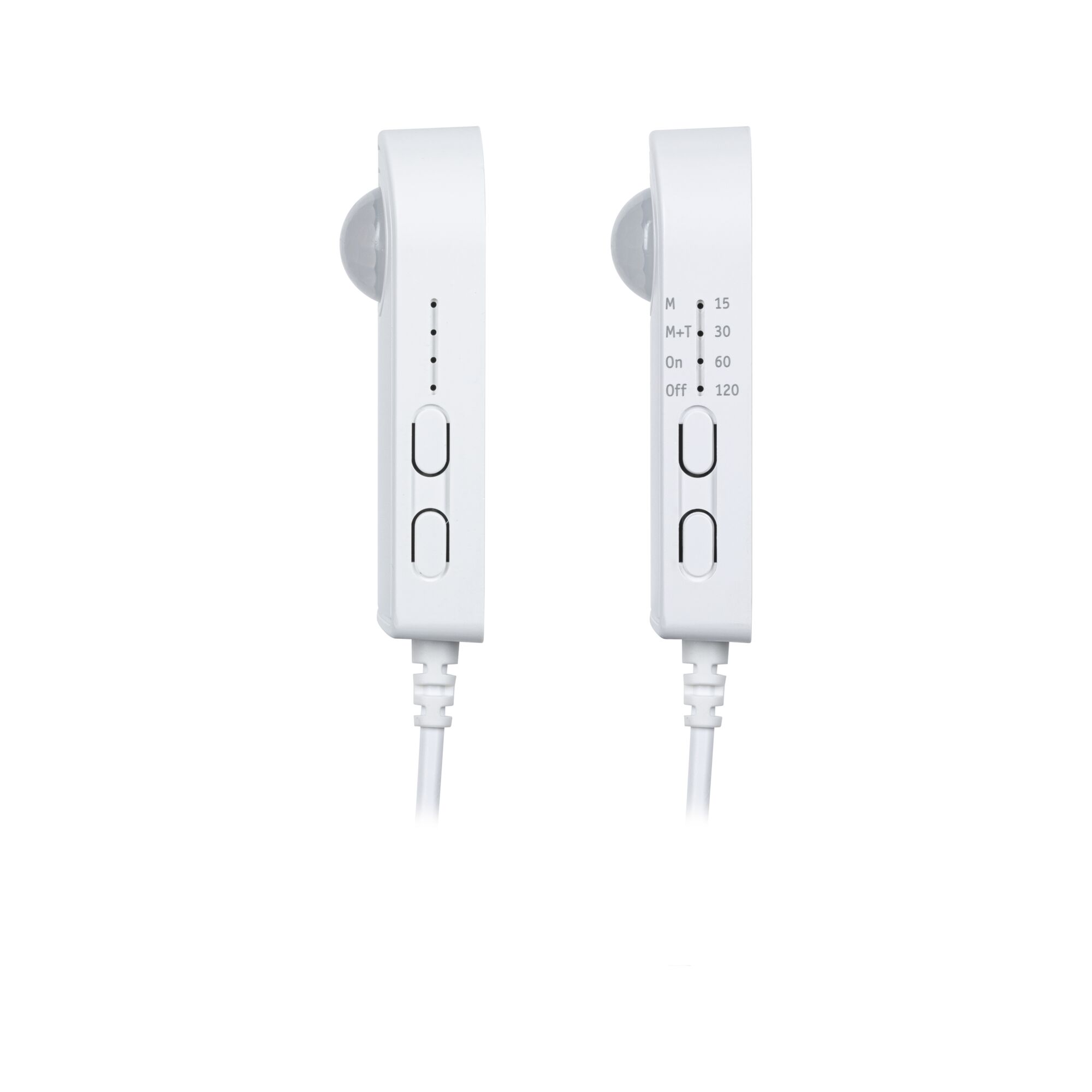 Détecteur de mouvement blanc avec interrupteurs et voyants LED, connexion câblée pour contrôle d'éclairage