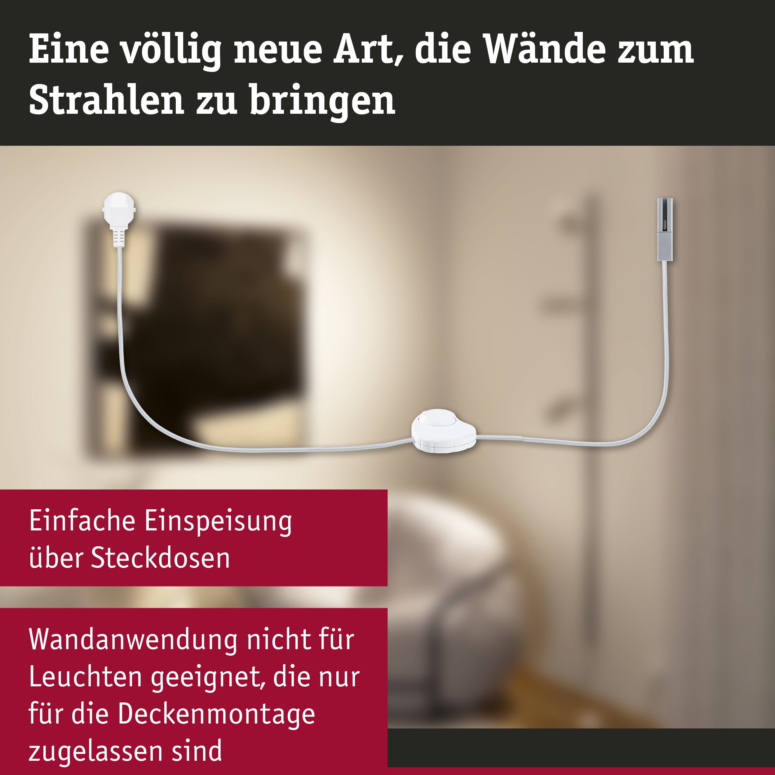 Weißes Stromkabel mit Schalter und Steckdose an Wand für einfache Stromversorgung im Raum