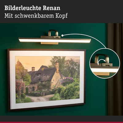 Bilderleuchte Renan aus Messing mit schwenkbarem Kopf und warmweißem LED-Licht für Wandbilder.