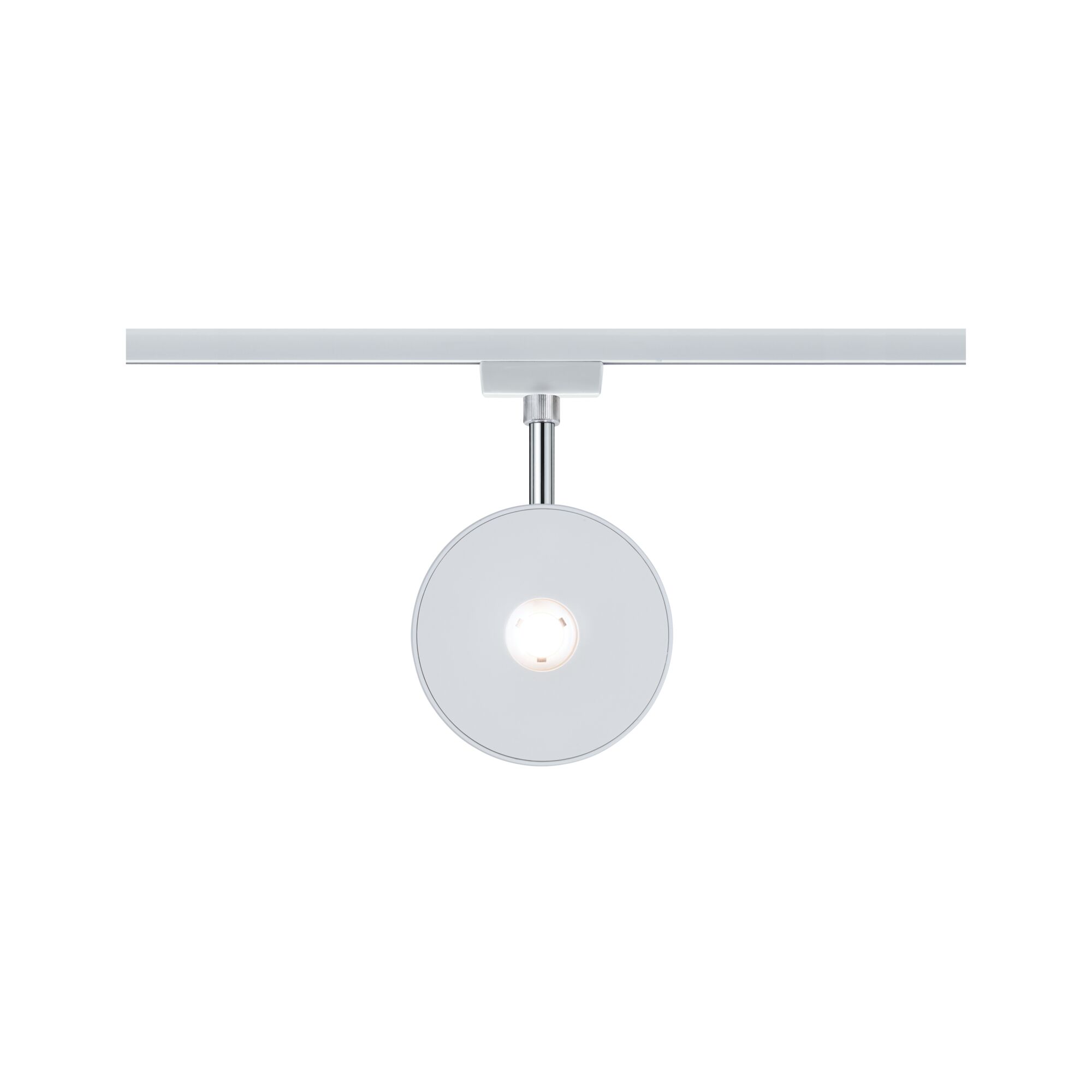 Round white metal LED spotlight on track system for modern indoor lighting