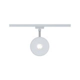Round white metal LED spotlight on track system for modern indoor lighting