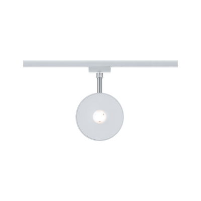 Round white metal LED spotlight on track system for modern indoor lighting