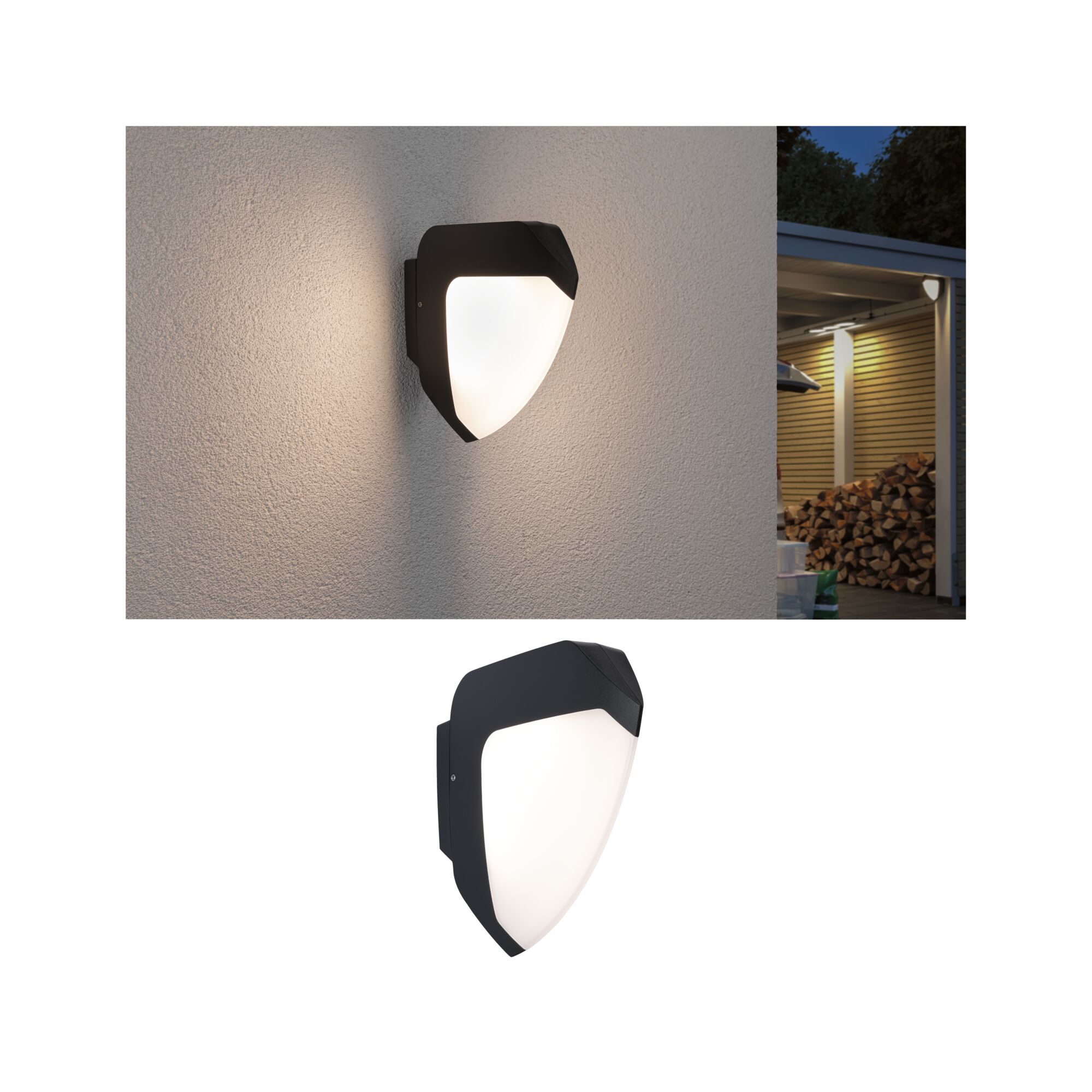 Schwarze Außenwandleuchte mit weißem Diffusor aus Kunststoff, moderne LED-Außenbeleuchtung für Terrasse.