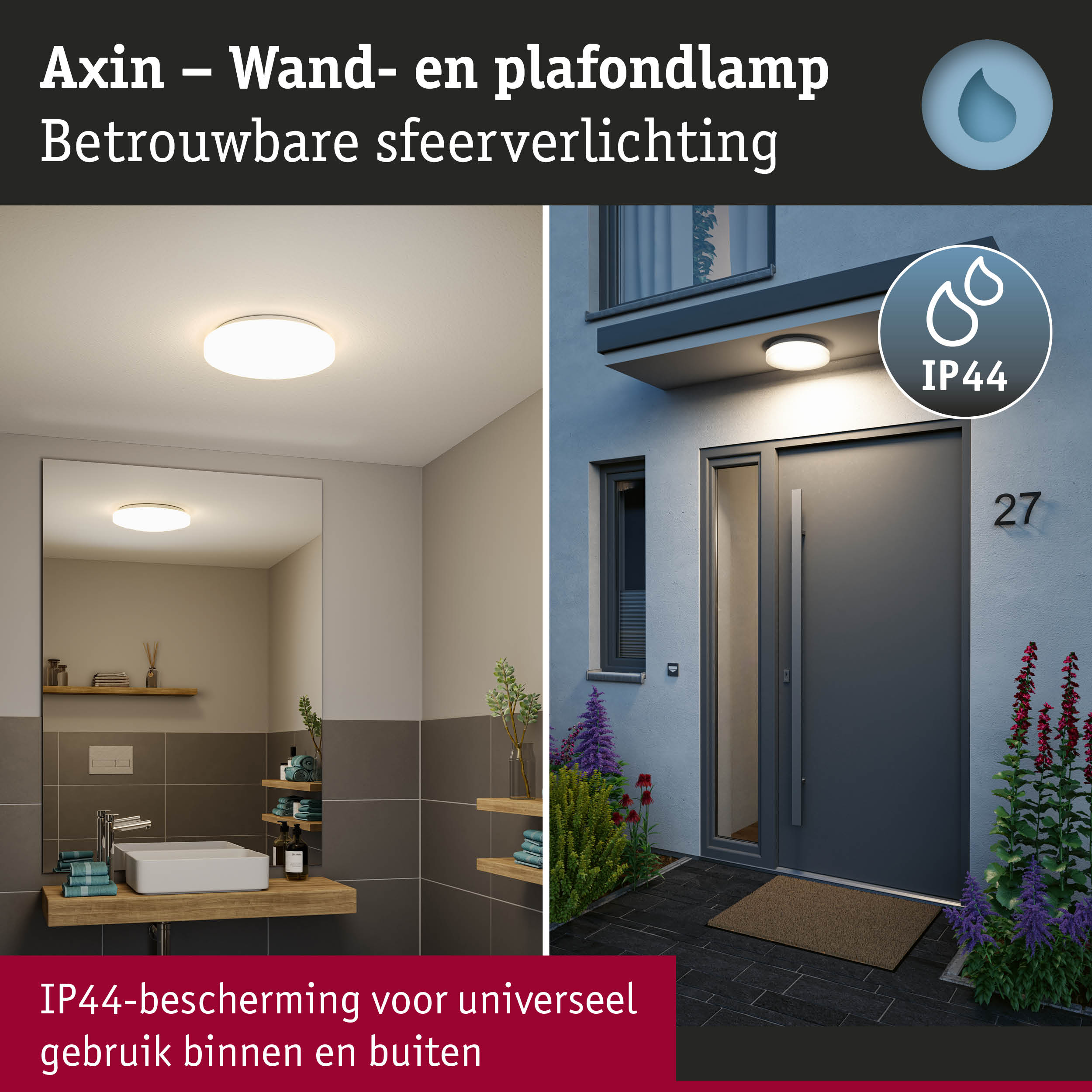 Axin ronde plafond- en wandlamp met IP44 bescherming voor binnen- en buitengebruik