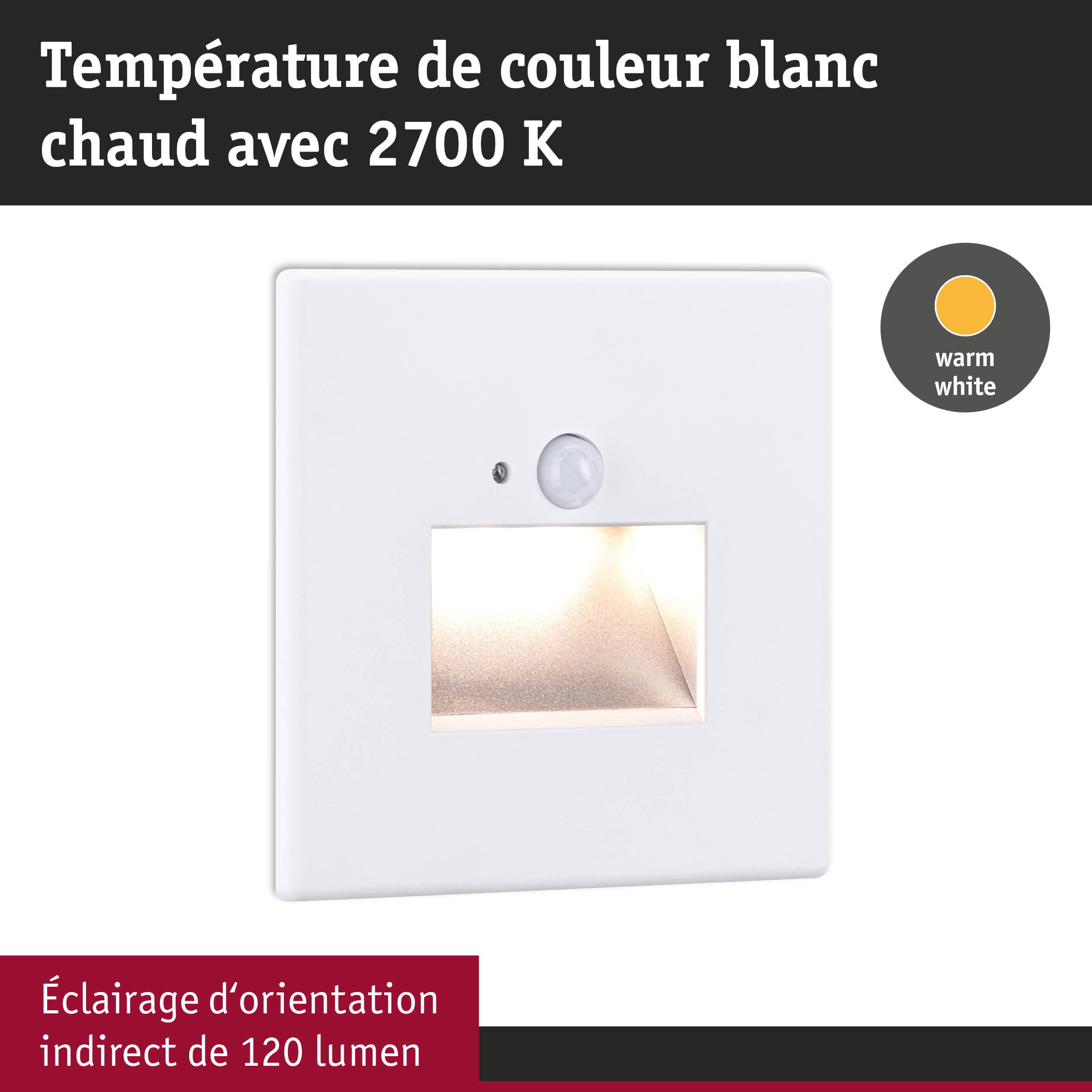 Applique murale LED blanche encastrée avec détecteur de mouvement et lumière blanc chaud 2700K, lampe d’orientation 120 lumens