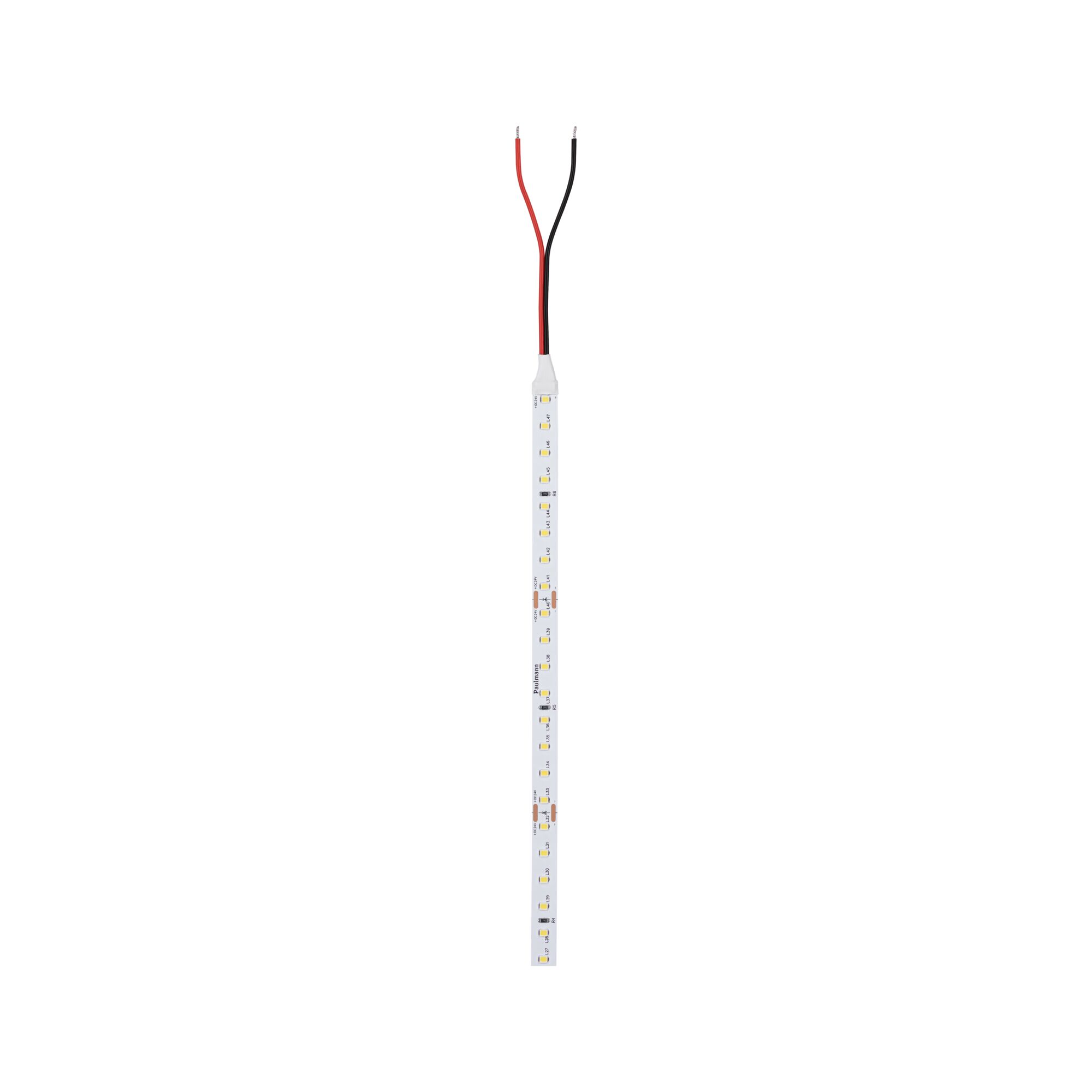 LED strip light with red and black wires, flexible white circuit board for lighting applications