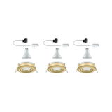 Three gold metal recessed spotlights with white GU10 LED bulbs and connection cables.