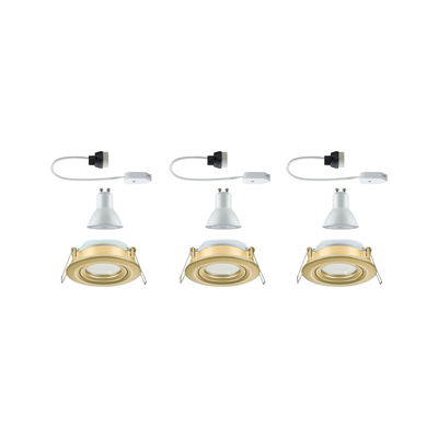 Three gold metal recessed spotlights with white GU10 LED bulbs and connection cables.