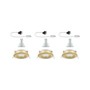Drei goldfarbene Einbaustrahler aus Metall mit weißen GU10 LED-Lampen und Anschlusskabeln.