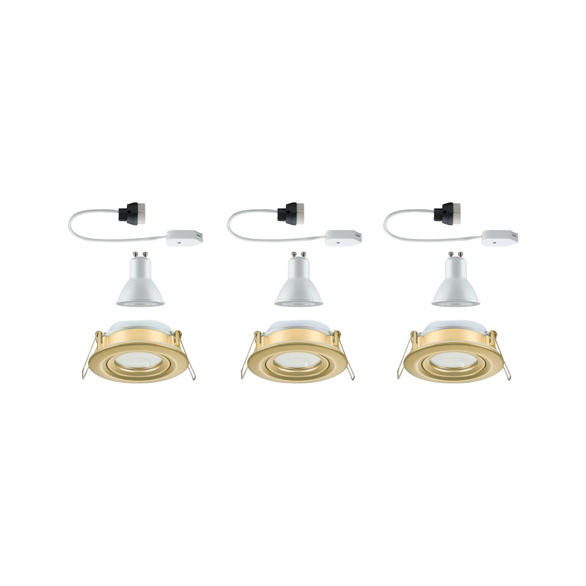 Drei goldfarbene Einbaustrahler aus Metall mit weißen GU10 LED-Lampen und Anschlusskabeln.