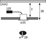 Technische tekening van LED-inbouwspot met 12V aansluiting, 35mm diameter, 18mm hoogte