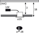 Technical drawing of LED recessed spotlight with 12V connection, 35mm diameter, 18mm height