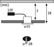 Technische tekening van LED-inbouwspot met 12V aansluiting, 35mm diameter, 18mm hoogte