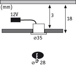 Technische tekening van LED-inbouwspot met 12V aansluiting, 35mm diameter, 18mm hoogte