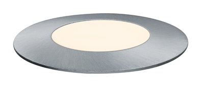 Round LED recessed panel in brushed silver aluminum with warm white light for modern lighting solutions