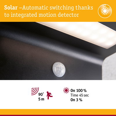 Black solar light with integrated motion detector and automatic switching for outdoor use