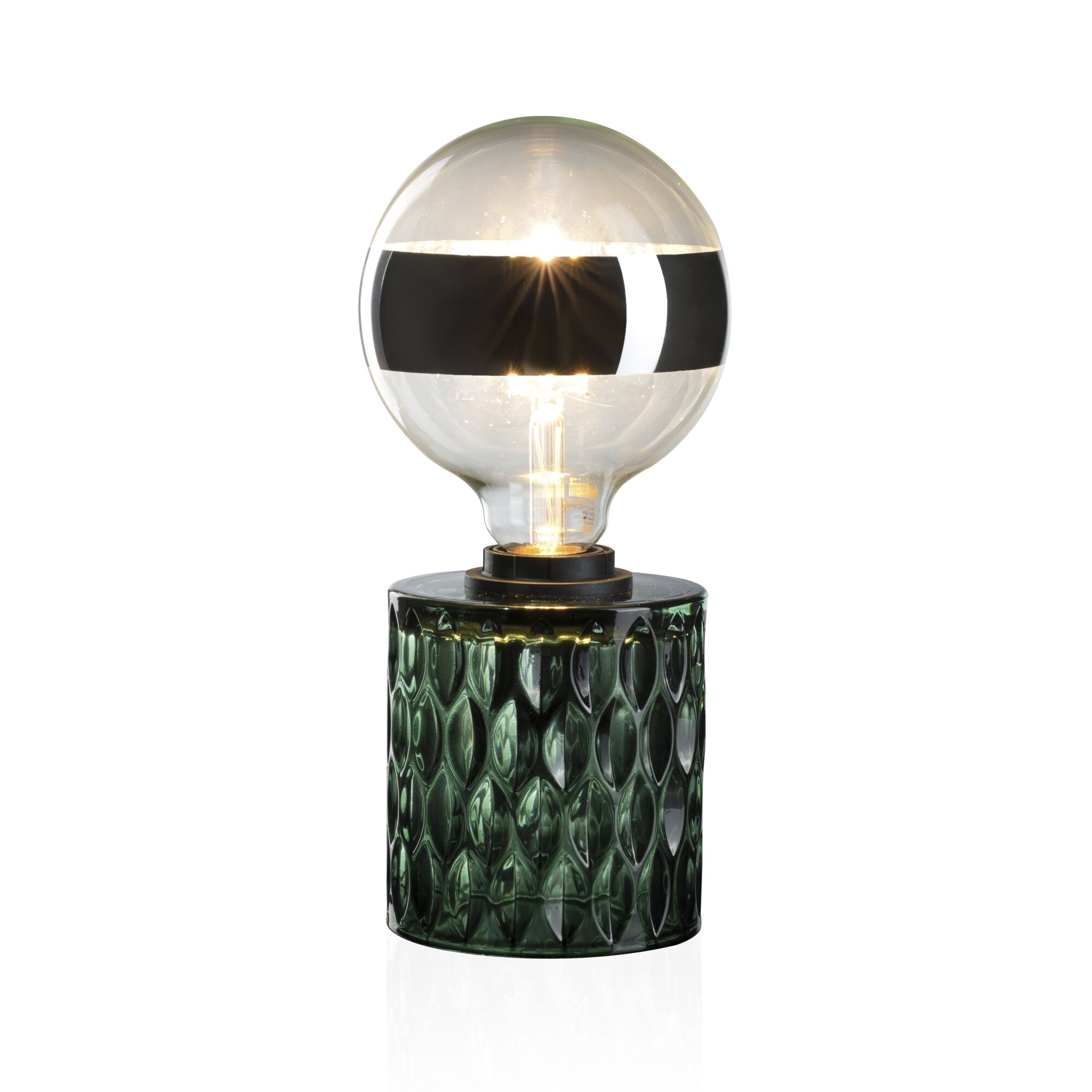 Table lamp with green glass base and large clear bulb with black stripe, modern decorative lighting