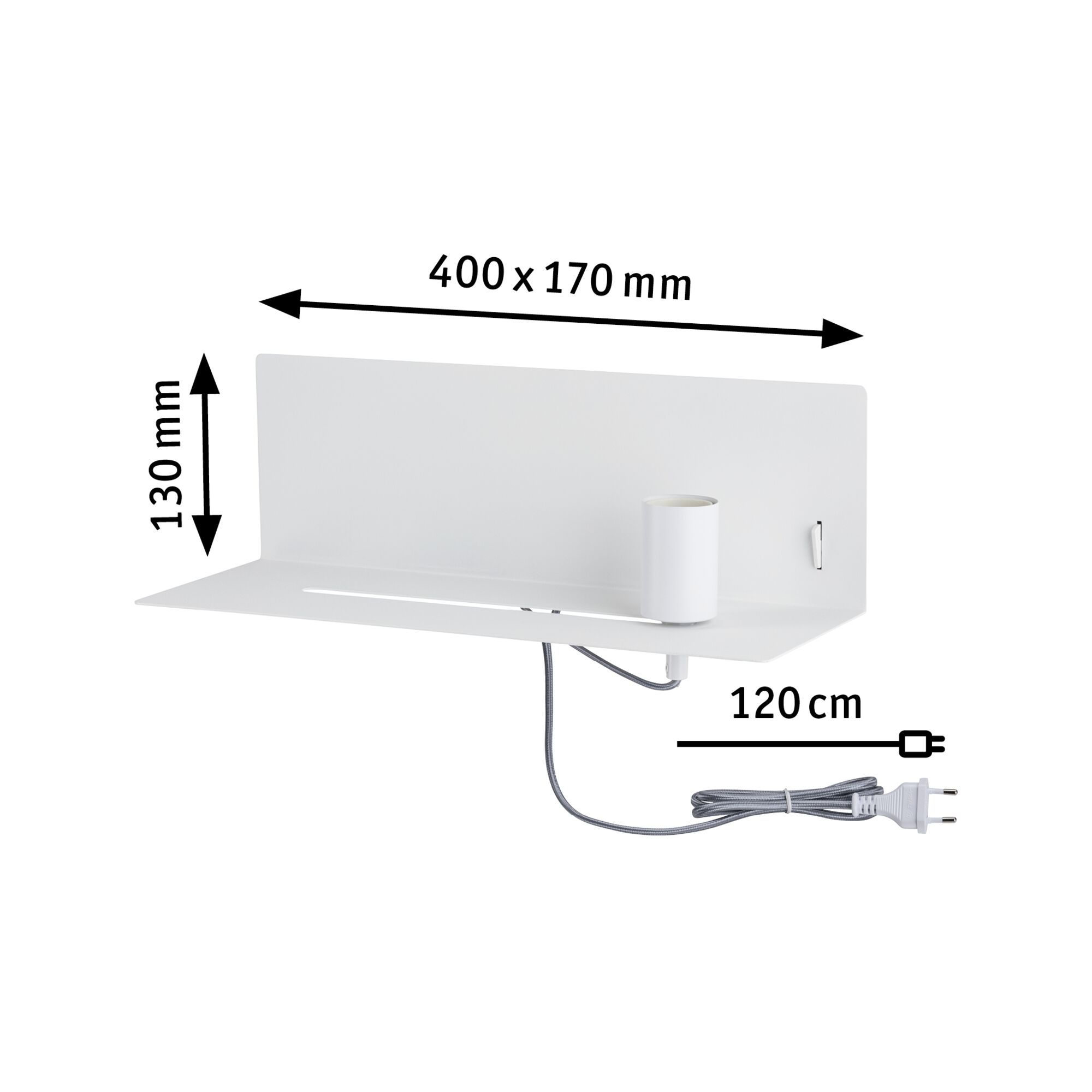 Wit metalen wandlamp paneel met cilindervatting en 120 cm kabel voor moderne LED-verlichting.