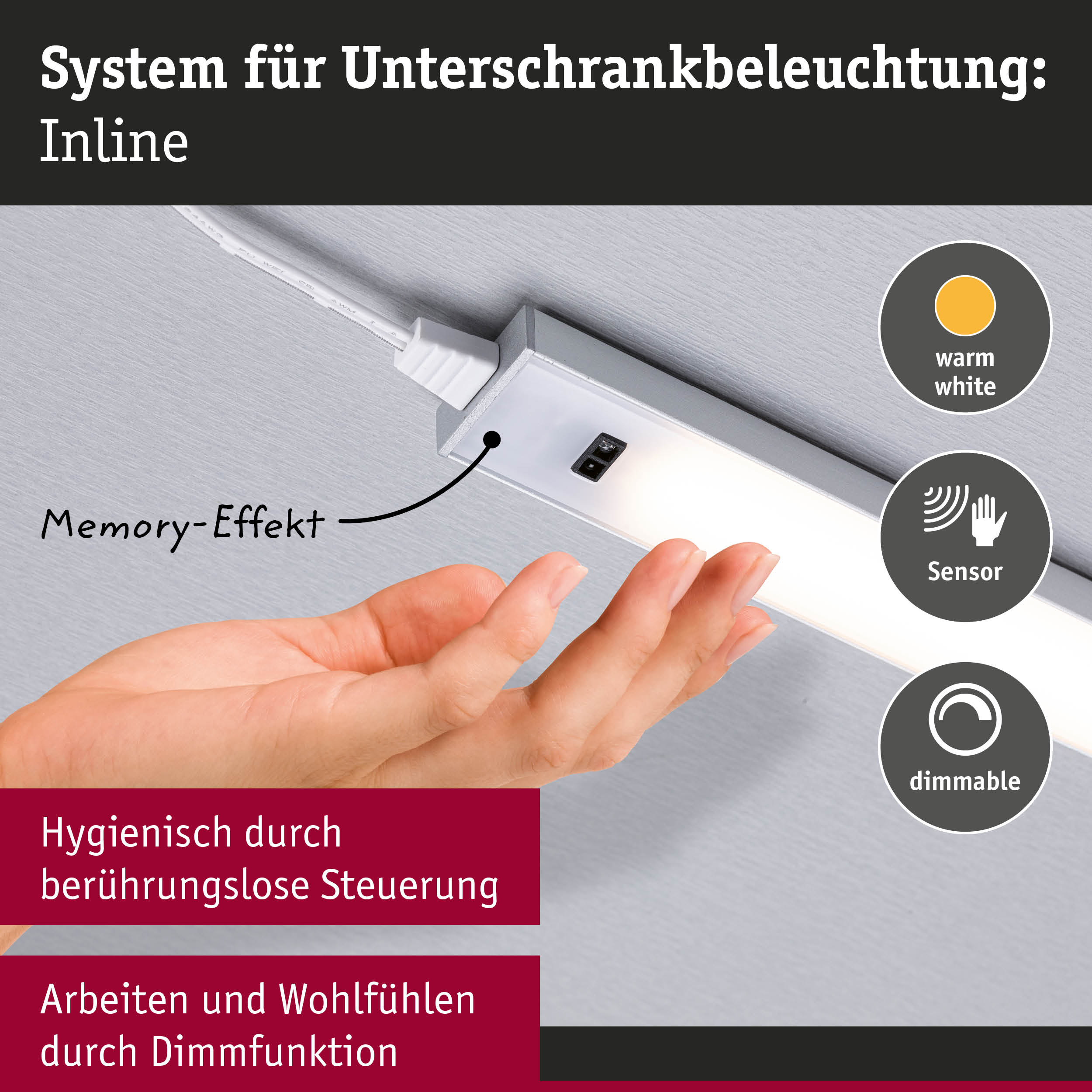 Inline Unterbauleuchte in Aluminium mit warmweißem Licht und berührungsloser Sensorsteuerung