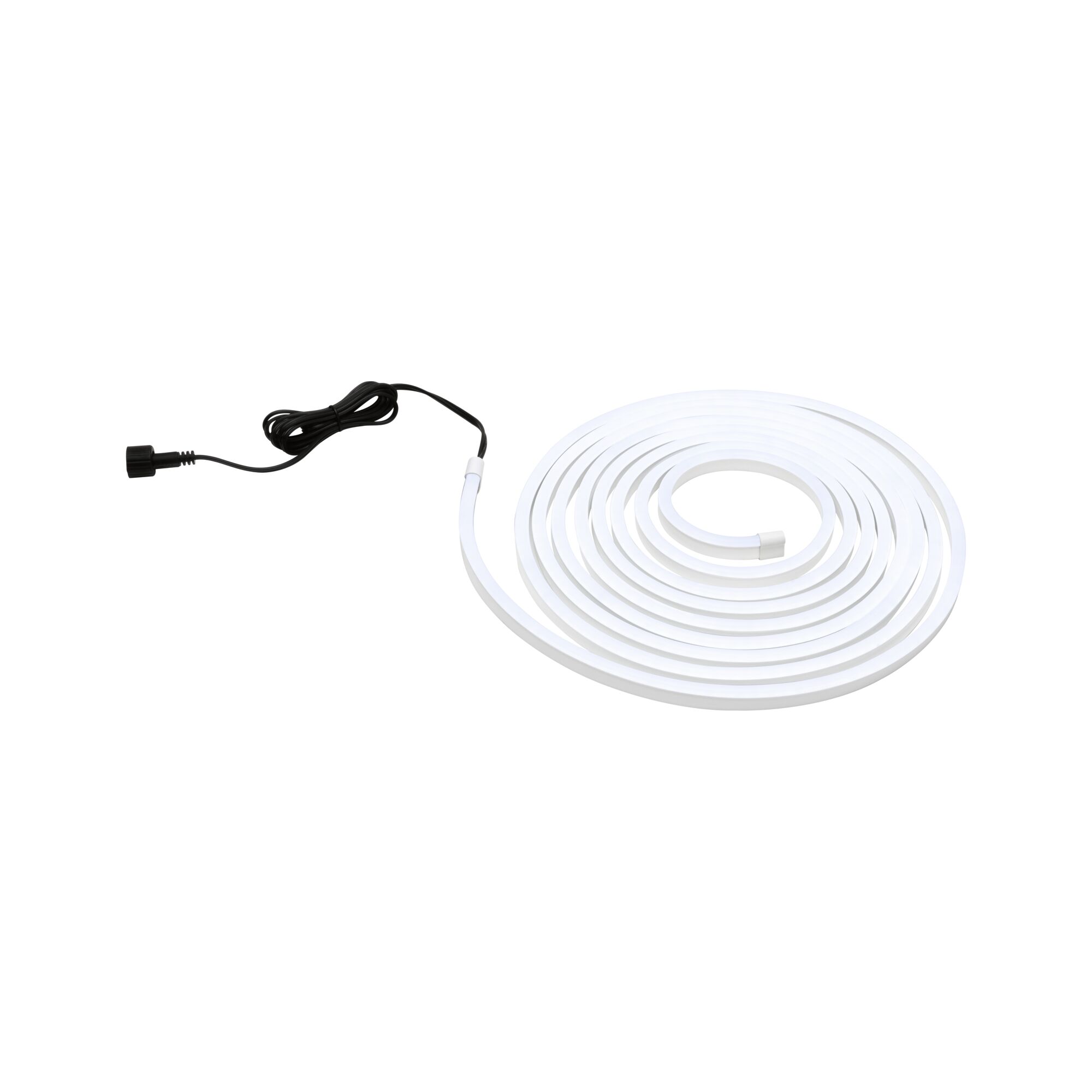 White flexible LED strip light with black connector cable for modern lighting solutions