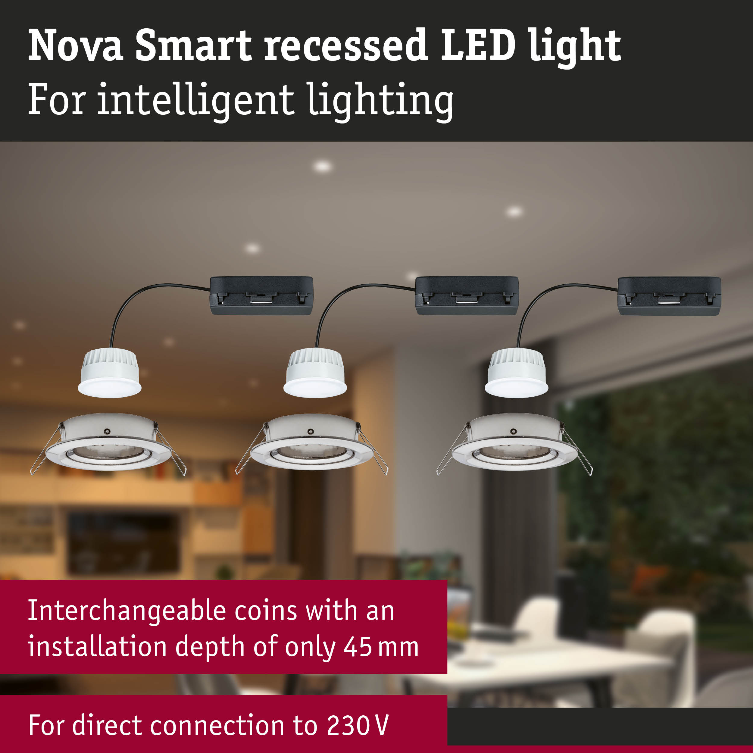 Nova Smart white recessed LED light with black connector box for intelligent lighting solutions