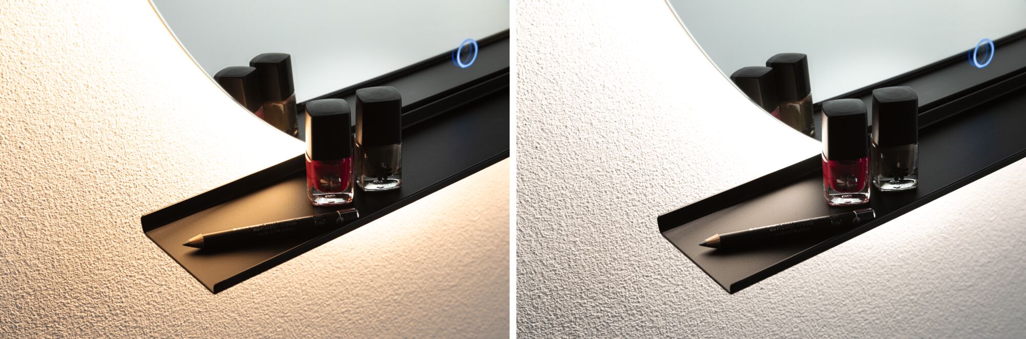 Black wall shelf with LED mirror light, nail polish bottles and eyeliner pencil on textured wall.