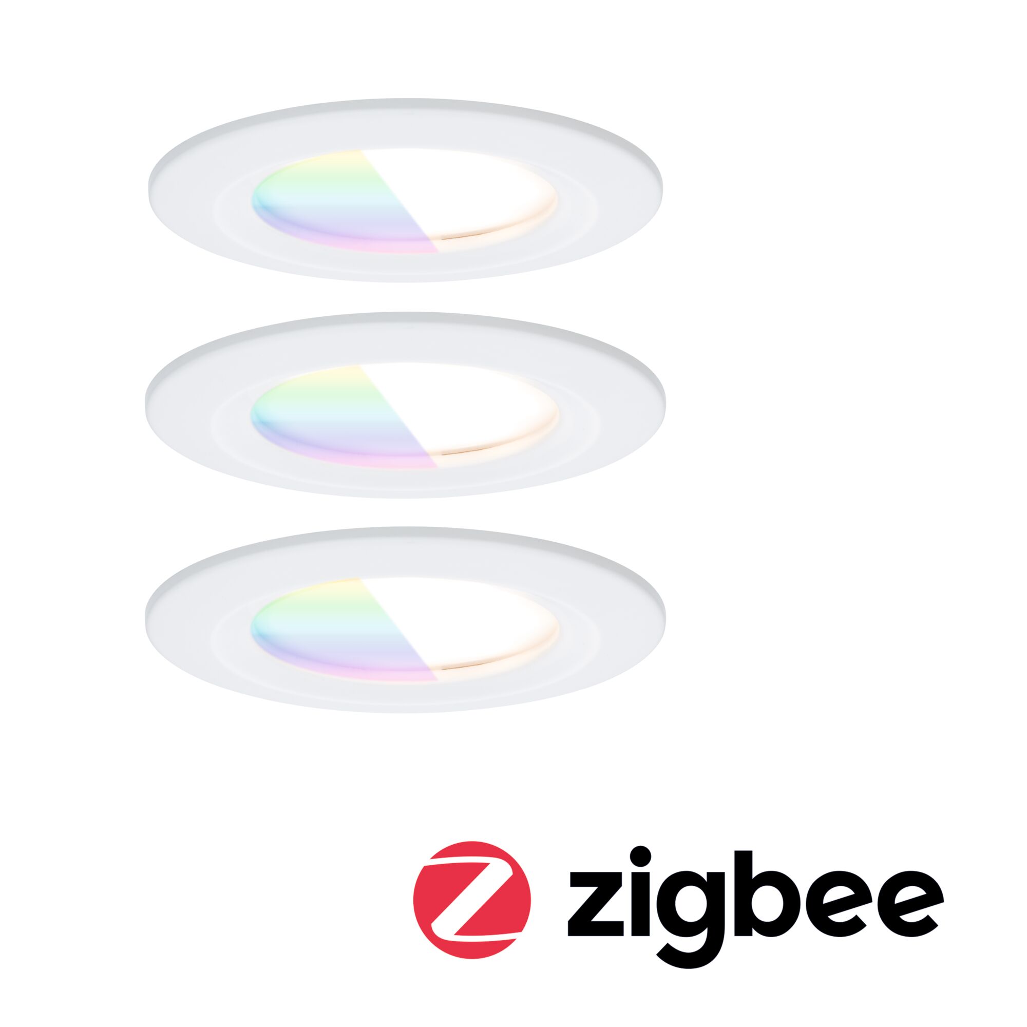 LED-indbygningsarmatur Nova Coin IP44 rund 78mm RGBW+ 3x6W 3x500lm 230V Mat hvid Aluminium Tre hvide LED-indbygningsspots med farveskift og Zigbee smart home kompatibilitet