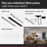 Modular URail system with aluminium rails, connectors and white lightbar for customizable room lighting