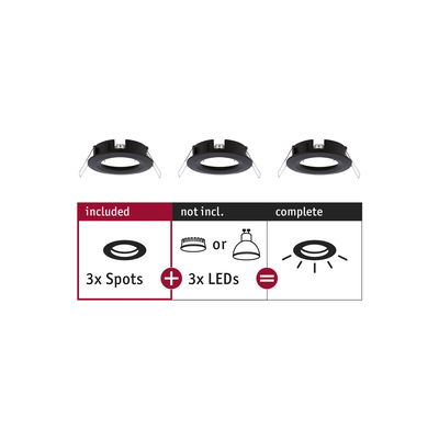 Trois spots encastrés noirs en métal sans ampoules LED pour solutions d'éclairage personnalisées.