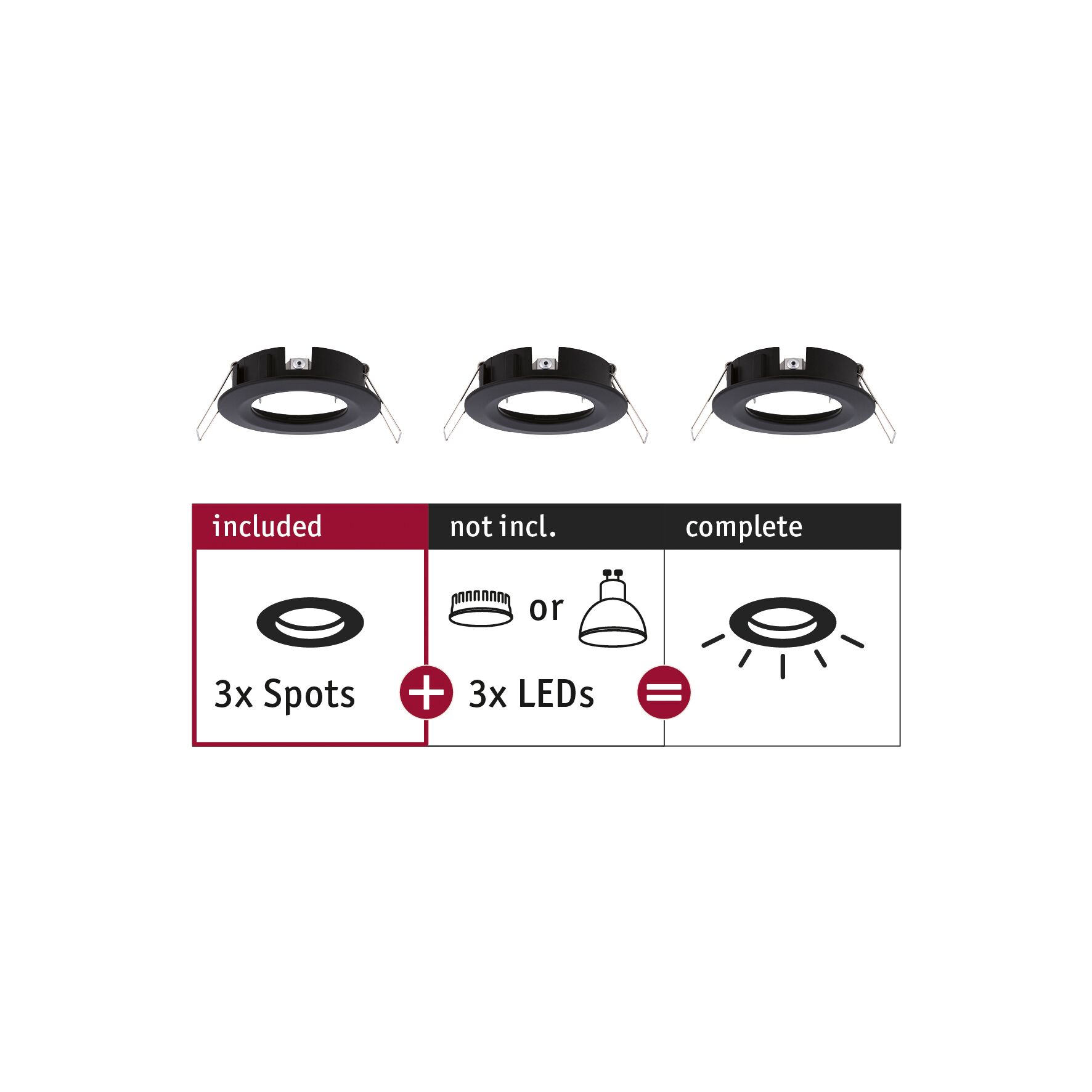 Drei schwarze Einbaustrahler aus Metall ohne LED-Leuchtmittel für flexible Beleuchtungslösungen.