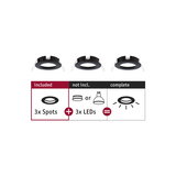 Three black metal recessed spotlights without LED bulbs for customizable lighting setups.